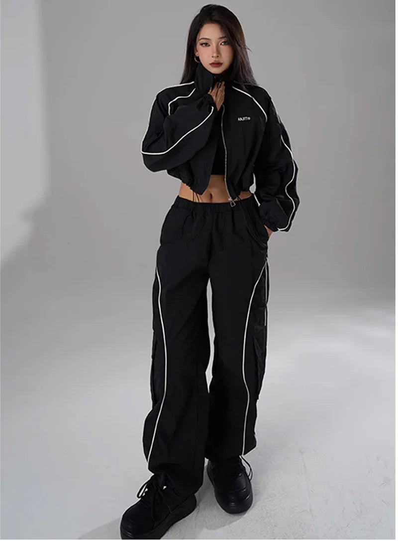 Hip Hop Sports Suit Two-piece Set Women Black Short Track Jacket +Sweatpants Joggers Dance Tracksuit Female Cropped Jacket Sets - Seprincess