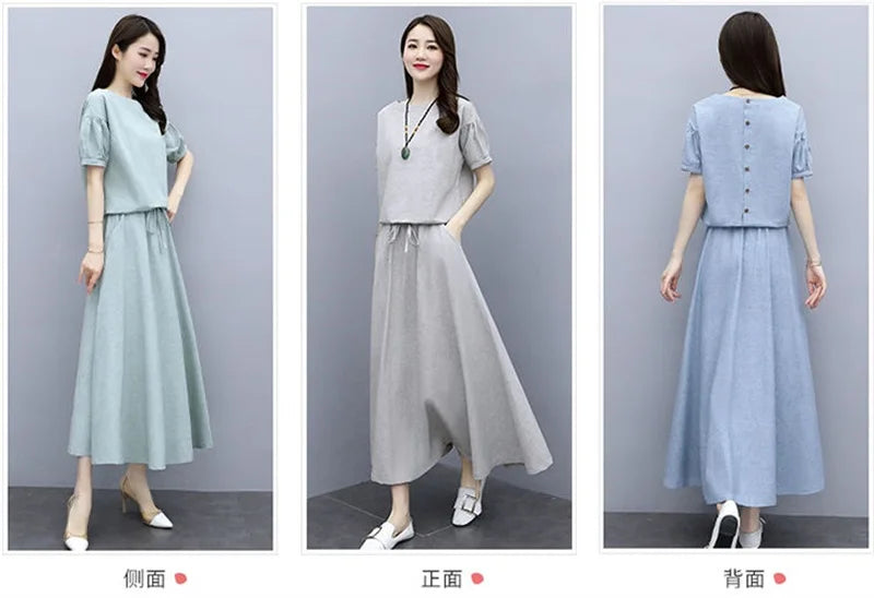 Cotton Linen Skirt Two-Piece Women's Summer 2024 New Set Slim Skirts Sleeve Suit Skirts Fashion 2PCS Temperament Female Outfit - Seprincess