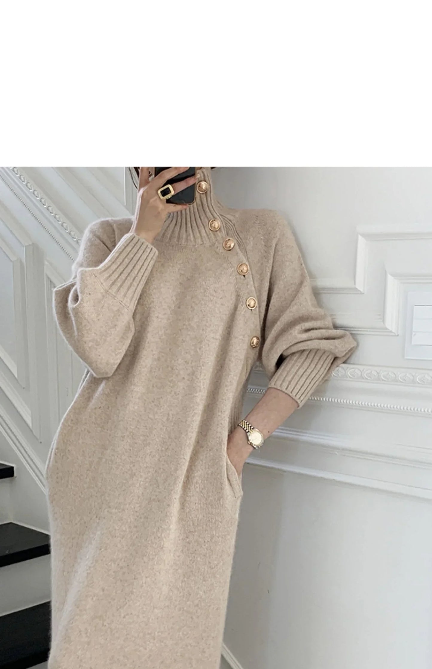 Winter Turtleneck Buttons Women Knitted Dress Elegant Full Sleeve Lace-up Female Thicken Long Dress for Sweater Autumn New - Seprincess