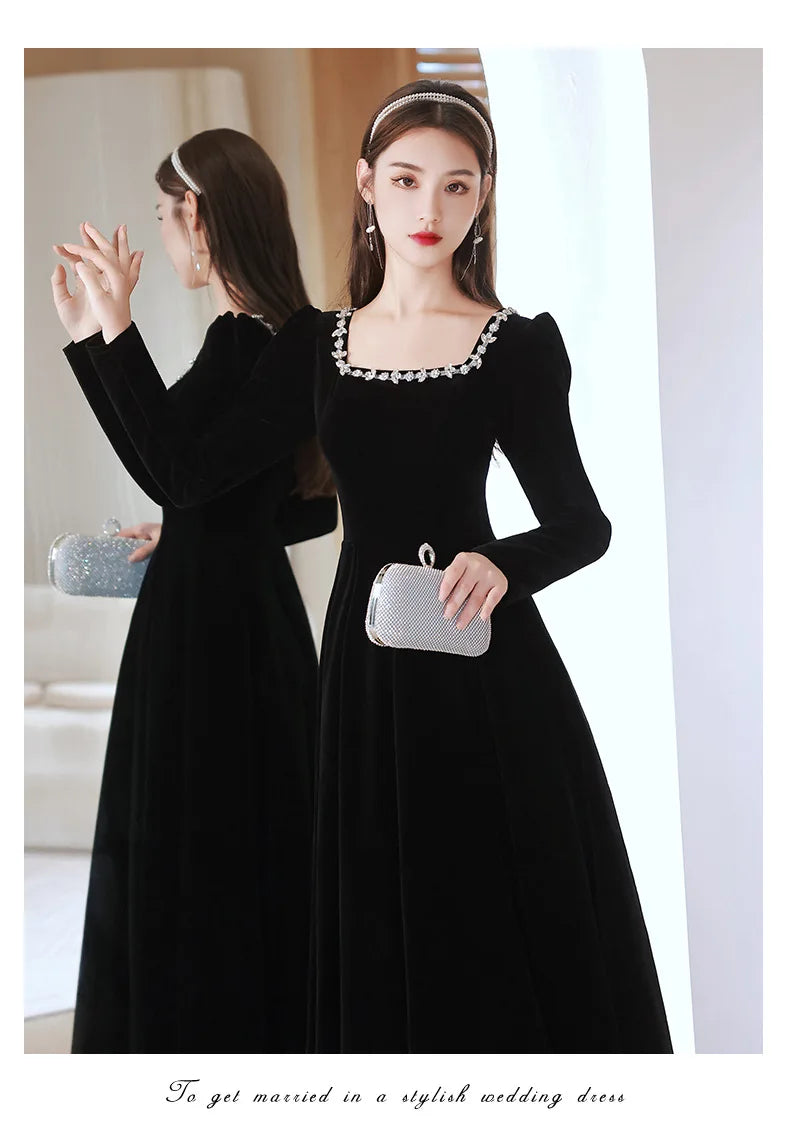 Black Evening Dresses Long Sleeve Square Collar Elegant Velvet Dress Beading Crystal Formal Gowns 2023 New Vestido - Seprincess