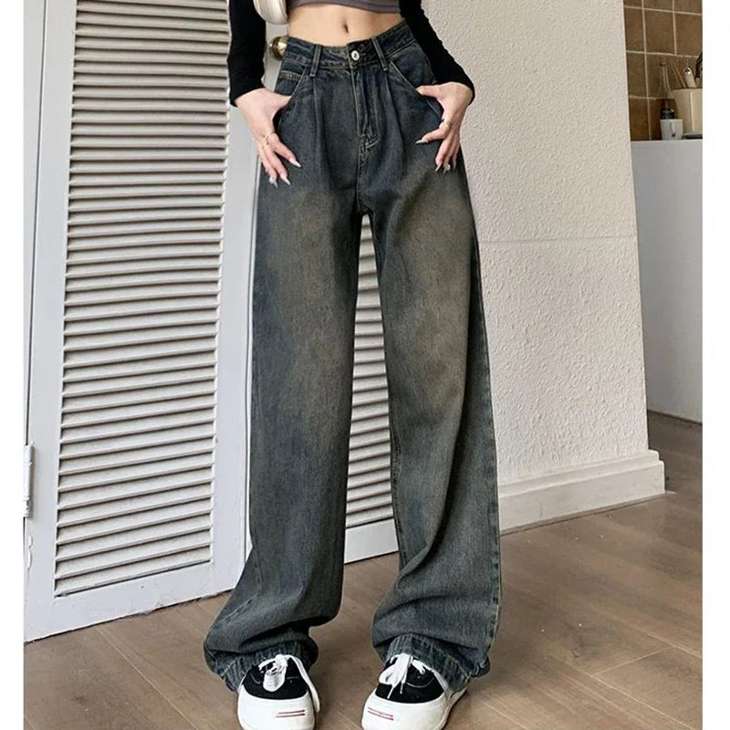 2024 Woman High Waist Vintage Baggy Jeans Lady Streetwear Wide Leg Pants Female Fashion Gray Blue Grey Light Blue Denim Trousers