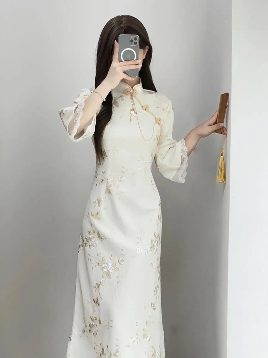 Lace Splicing Qipao 2024 New Summer Women Improved Retro Dress New Modern Chinese Youth Style Cheongsam Long Dresses Evening - Seprincess