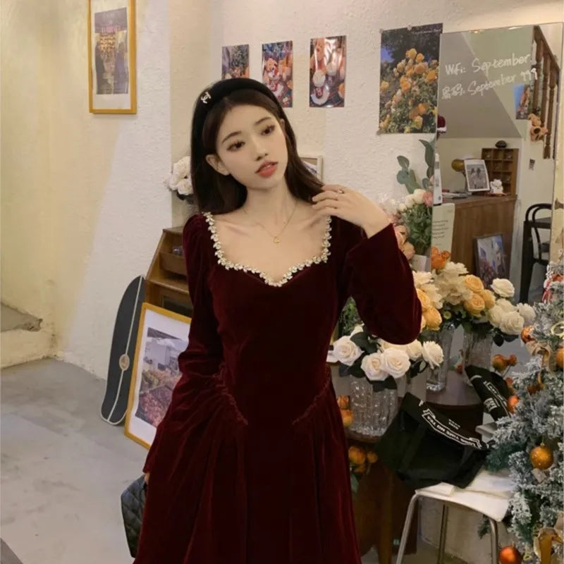 Big size women's new fat cover thin red long sleeve velvet dress - Seprincess