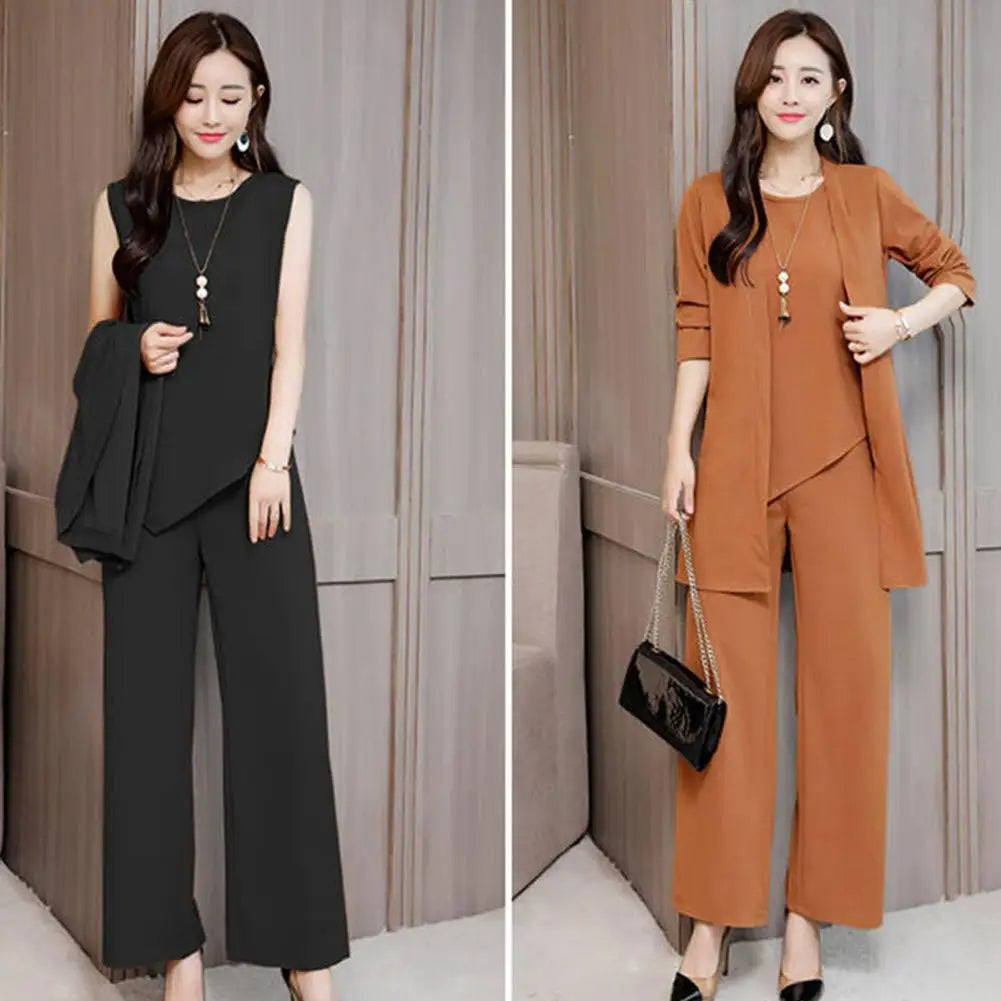 Trendy Irregular Hem Comfortable Vest Top Wide Leg Pants Mid-length Coat Set Breathable Loose Outfit Daily Clothing - Seprincess