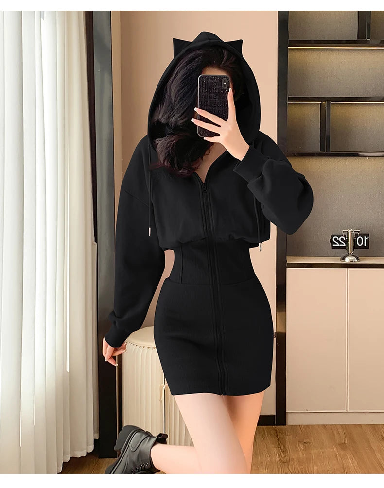 Korean Fashion Hoodie Dress Women Autumn Winter Long Sleeve Cat Ear Mini Dress Bodycon Dress Vestidos - Seprincess