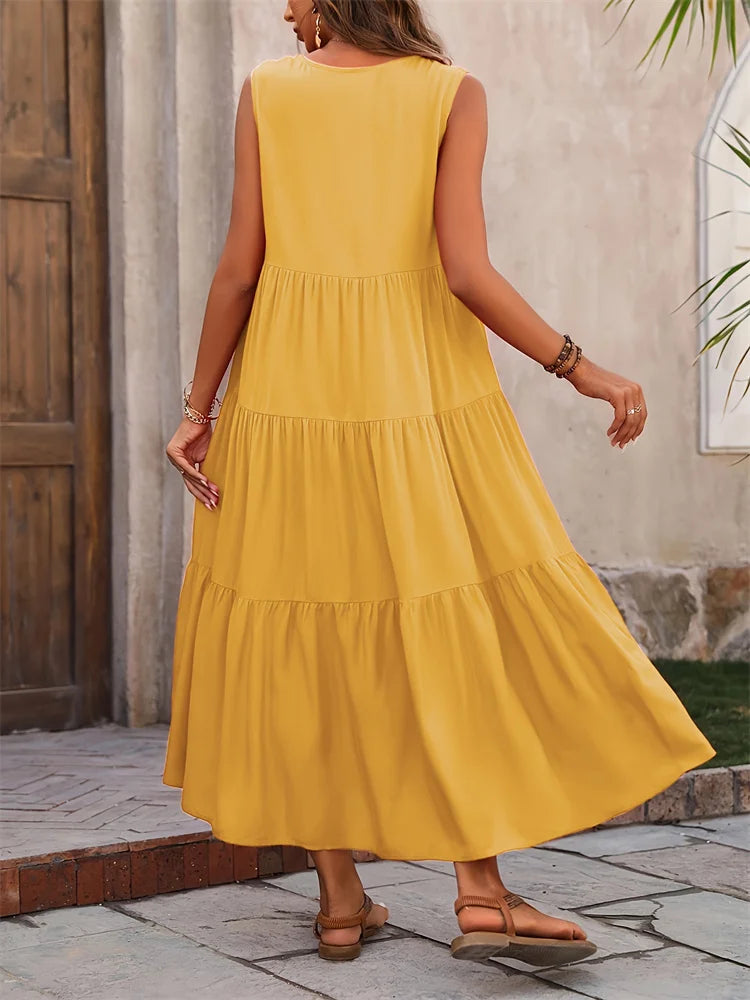 Y.KUKU 2024 Women Dress Summer Casual Brand Vacation Holiday Beach Long Dresses V-neck Loose Elegant Yellow Dress Femme - Seprincess