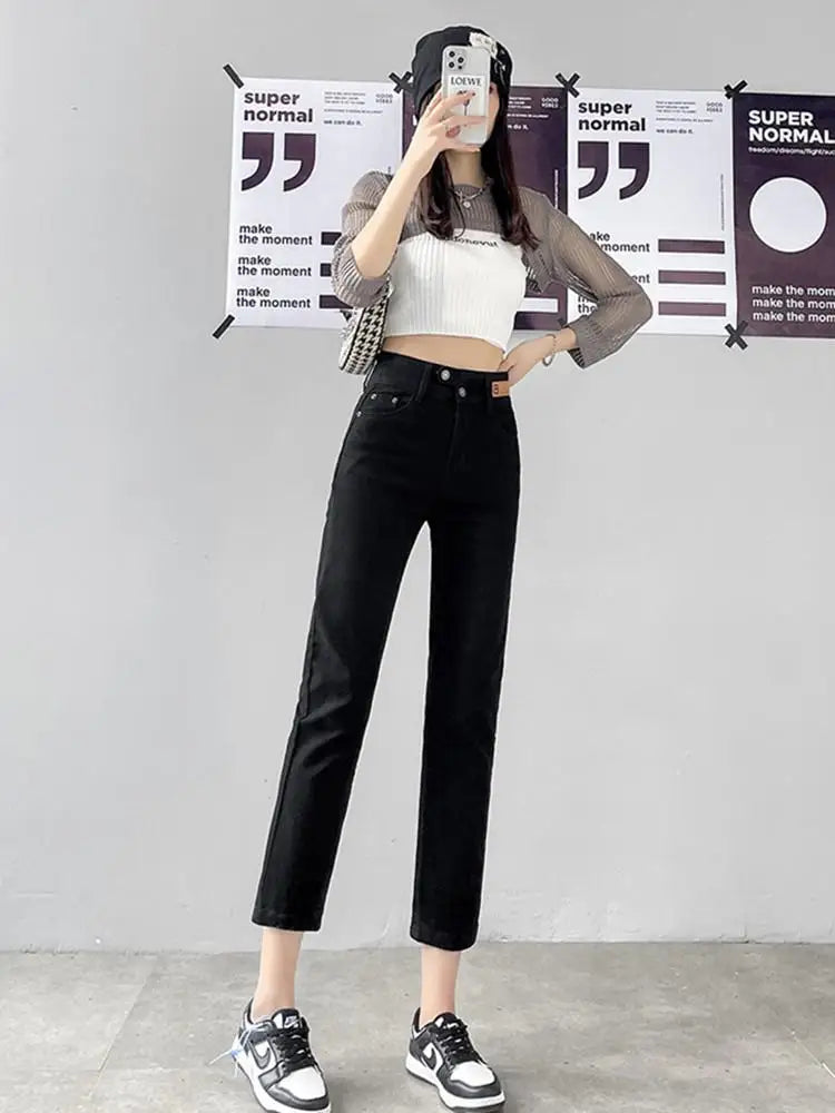 FINEWORDS Slim Skinny Beige Jeans Women High Waist Vintage Push Up Jeans Easymatch Streetwear Korean Denim Ankle-Length Pants