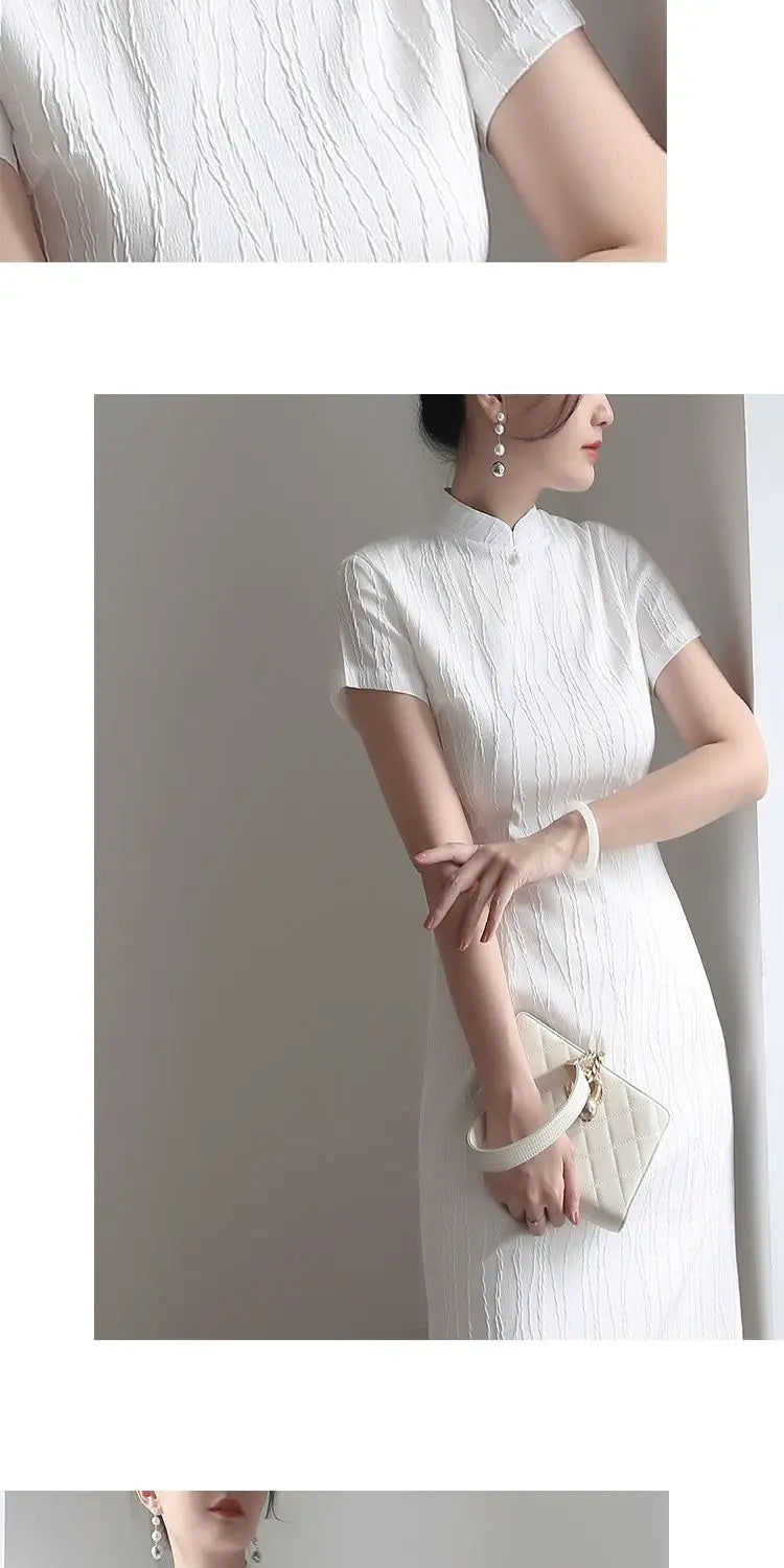 2024 new Chinese qipao dress vestidos elegant vintage cheongsam white OL cheongsam dress short sleeve modern qipao dress - Seprincess