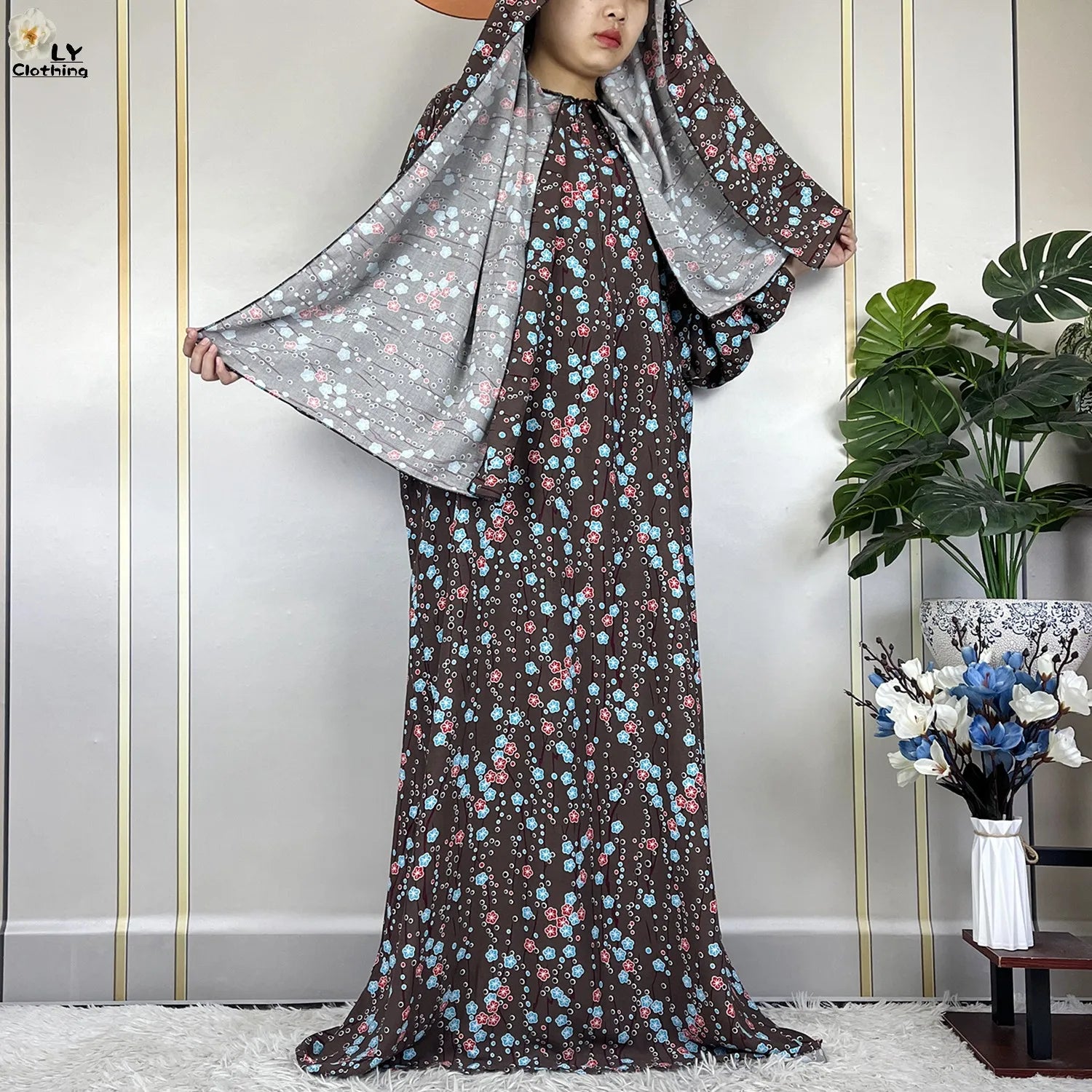 2024Latest Muslim Abayas For Women Ramadan Prayer Maxi Dubai Turkey Femme Cotton Robe Floral Loose African Dress Turban Attached - Seprincess