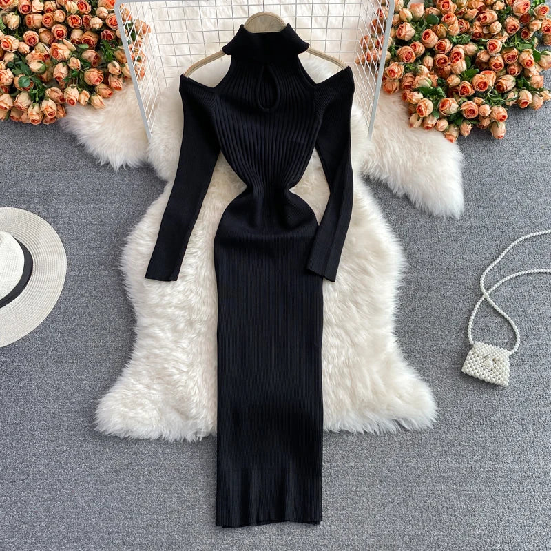 YuooMuoo Chic Fashion Sexy Wrap Hips Cut Out Shoulder Long Sleeve Knitted Autumn Dress Elegant Lady High Street Bodycon Vestido - Seprincess