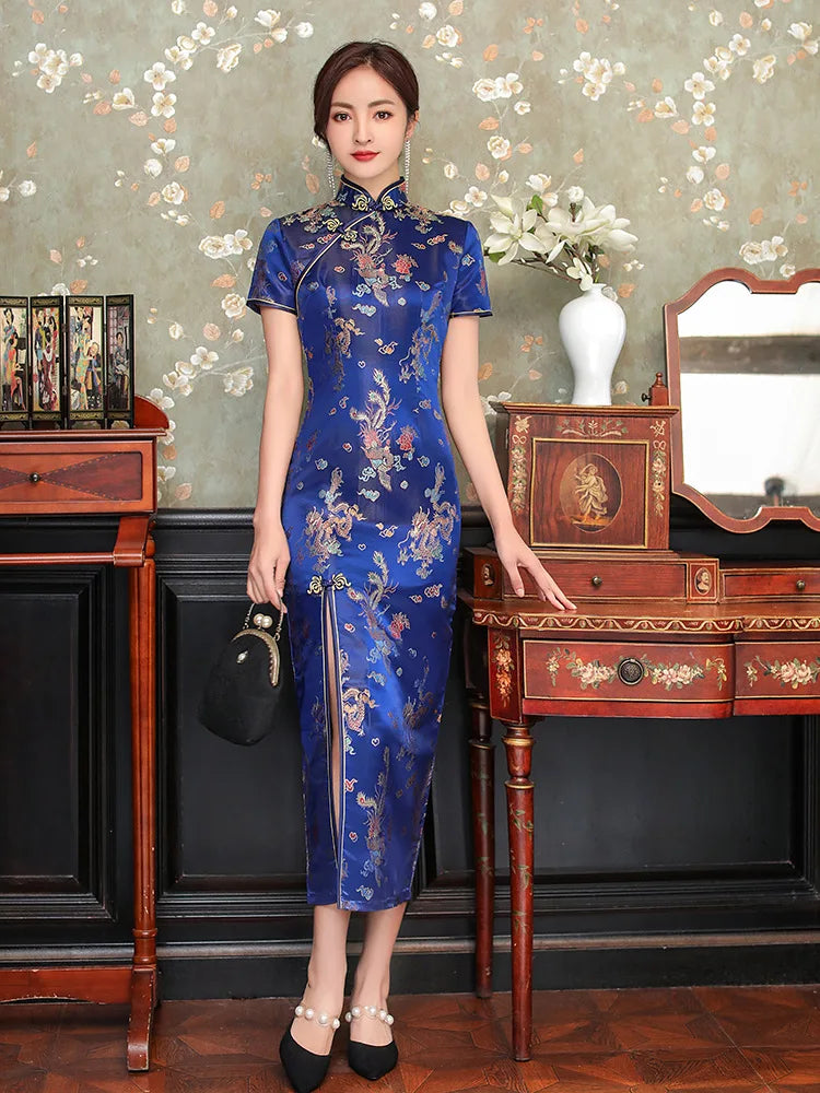 Large Size Sexy Slim Long Qipao Dress Women Retro Elegant Cheongsam Short Sleeve Brocade Dragons and Phoenixes Clothes Vestidos - Seprincess