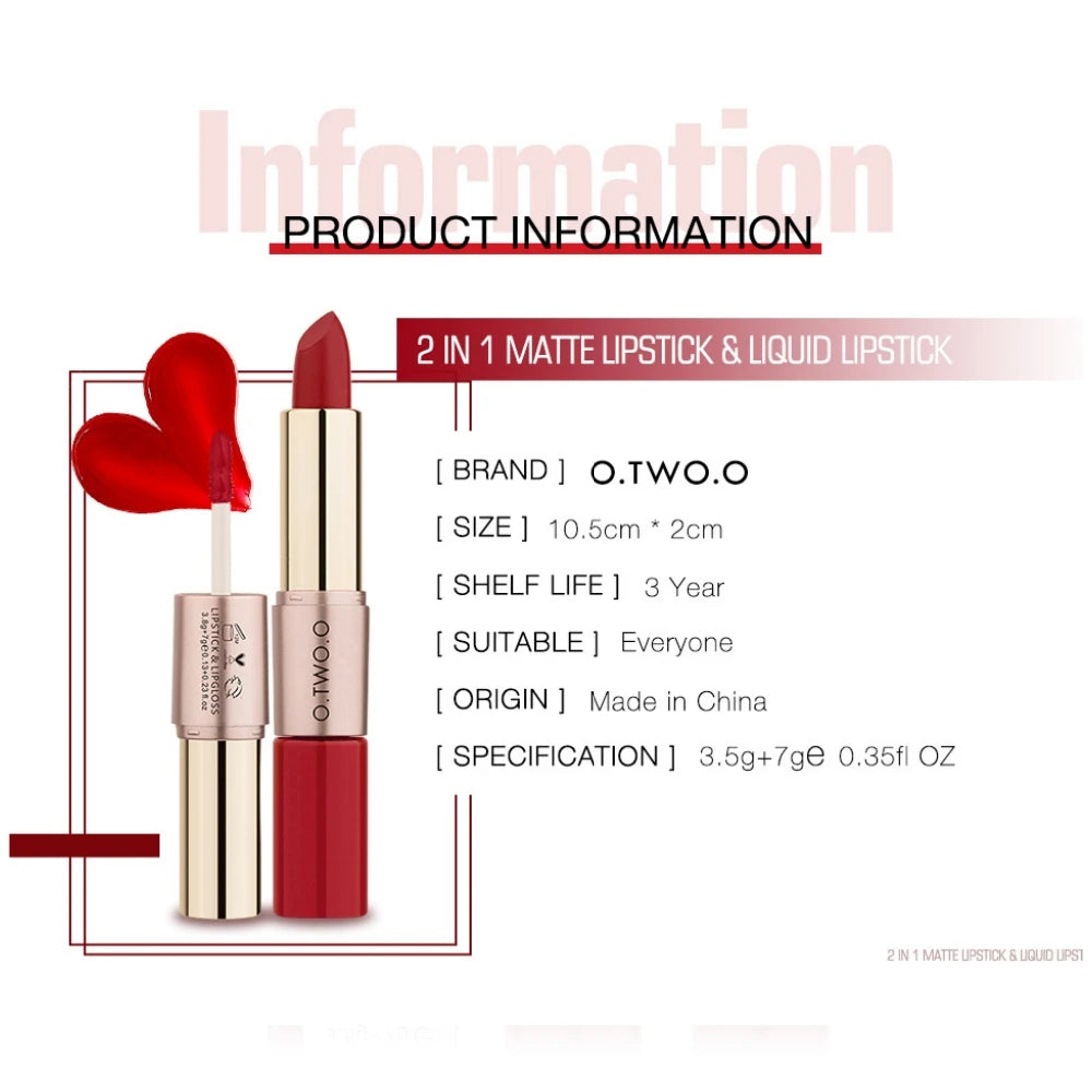 O.TWO.O 2 IN 1 Matte Lipstick&Liquid Lipstick 12 Colors Makeup Lip Glaze Waterproof Batom Lip Cosmetics Silky Texture - Seprincess