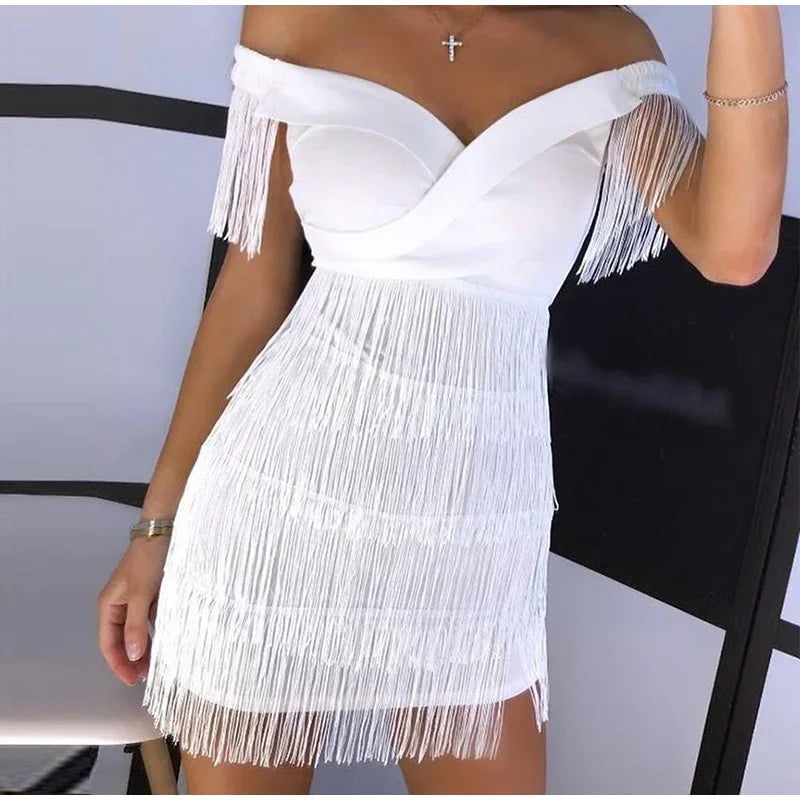 Sexy Sleeveless Bodycon Dress Women White Off Shoulder Tassel Female Short Dresses 2023 Summer Party Club Bandage - Seprincess