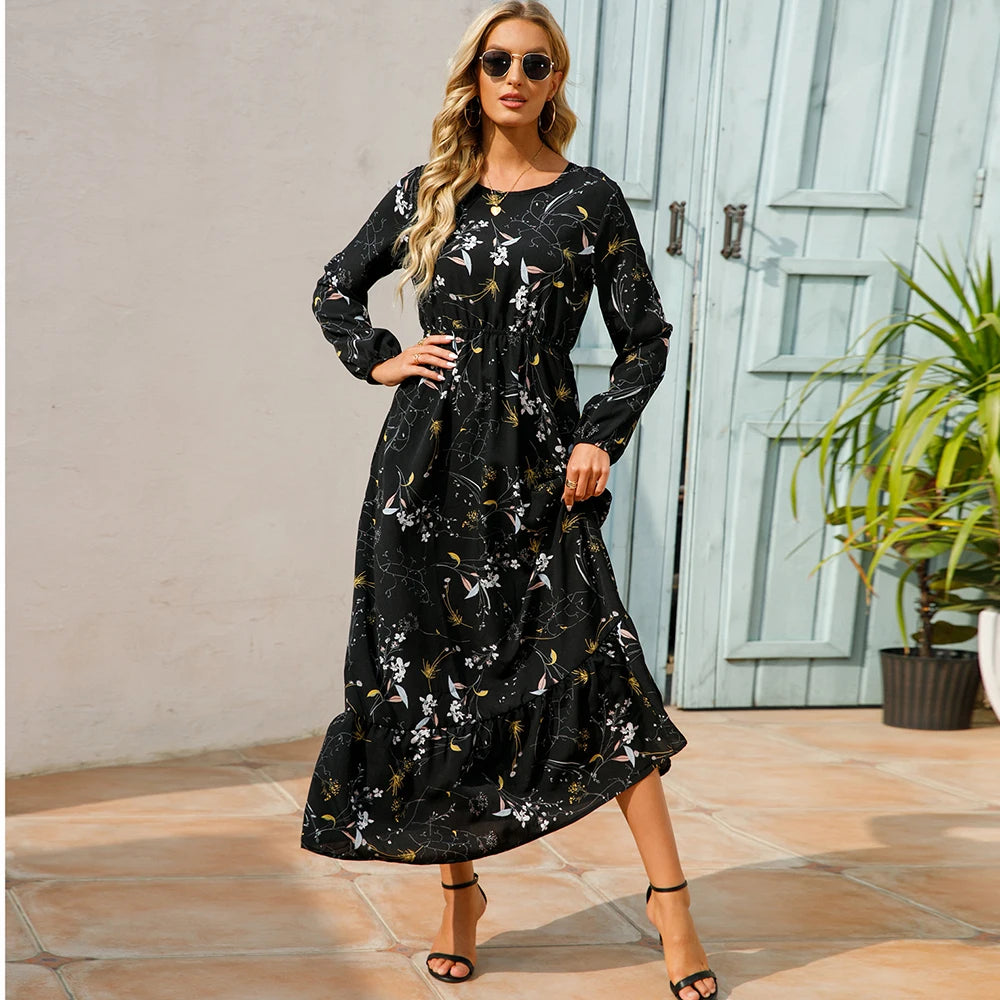 Women Maxi Dresses Sping Autumn Bohemian Casual Full Sleeve High Waist Beach Woman Chiffon Dresses Floral Vestidoes Long Dress - Seprincess