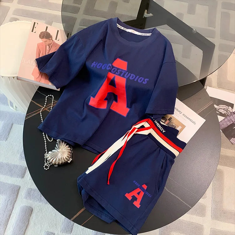 2024 Summer Women Clothing Set Short Sleeve T-Shirt+Shorts 2Pcs Suit Letter Print Female Casual Loose Tracksuit Fashion Outfits - Seprincess