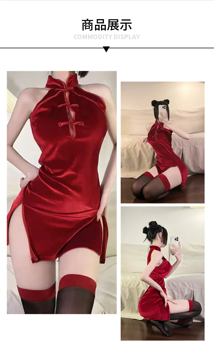 Women Qipao Velvet Wrap Buttocks Dress High Slit Thin Sleeveless Red Black Cheongsam Chinese Chinoiserie High Waist A-line - Seprincess