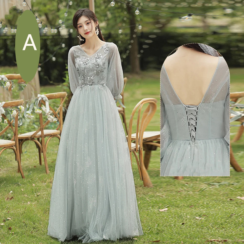 4 Styles Grey Bridesmaid Dress Women's Elegant V-neck Sequins Shawl Collar Slim A-line Gown Light Luxury Wedding Party Vestido - Seprincess