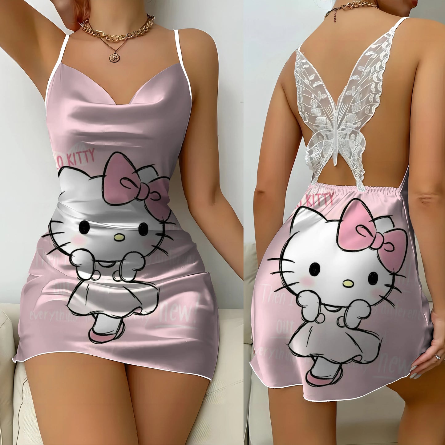 Mini Dress Pajama Skirt Hello Kitty Sexy Dresses Off Shoulder Bow Knot Satin Surface Womens Fashion Summer 2024 Short Party Lace - Seprincess