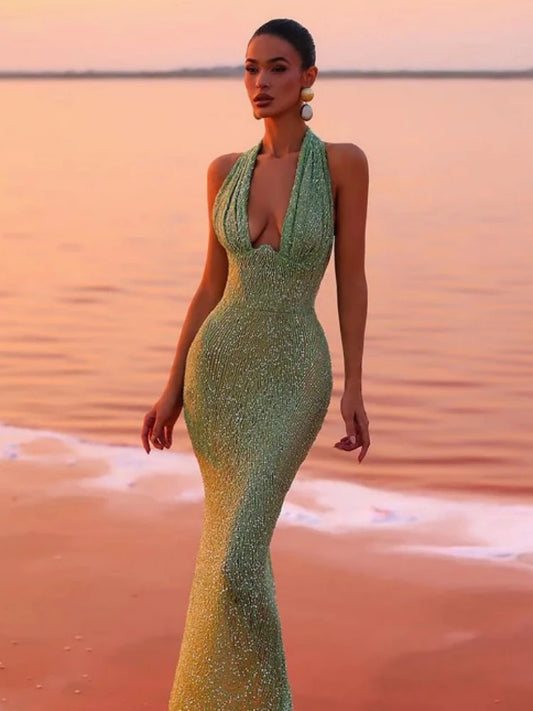 Sexy Halter Deep V Neck Sequins Maxi Dress Women Green Sleeveless Backless Sequined Slim Long Dresses Celebrity Party Gowns - Seprincess