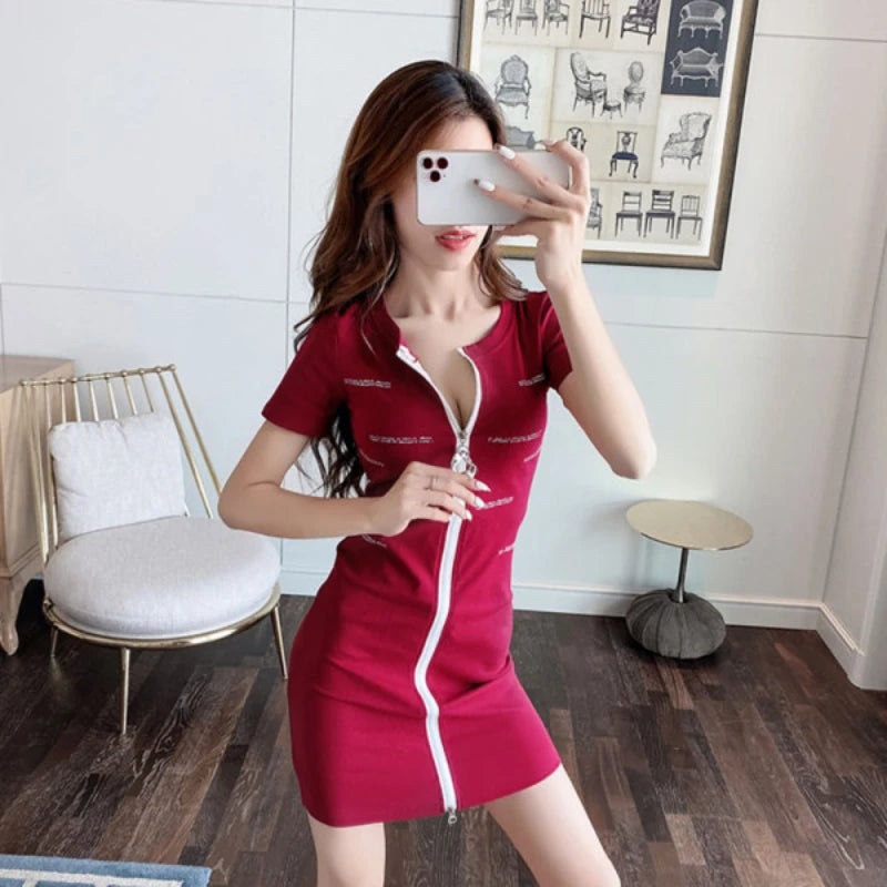 Spring/Summer 2024 V-Neck Zipper Skirt Letter Print Sexy Night Shop Dress Women's Deep V Low Cut Fashion Dress - Seprincess