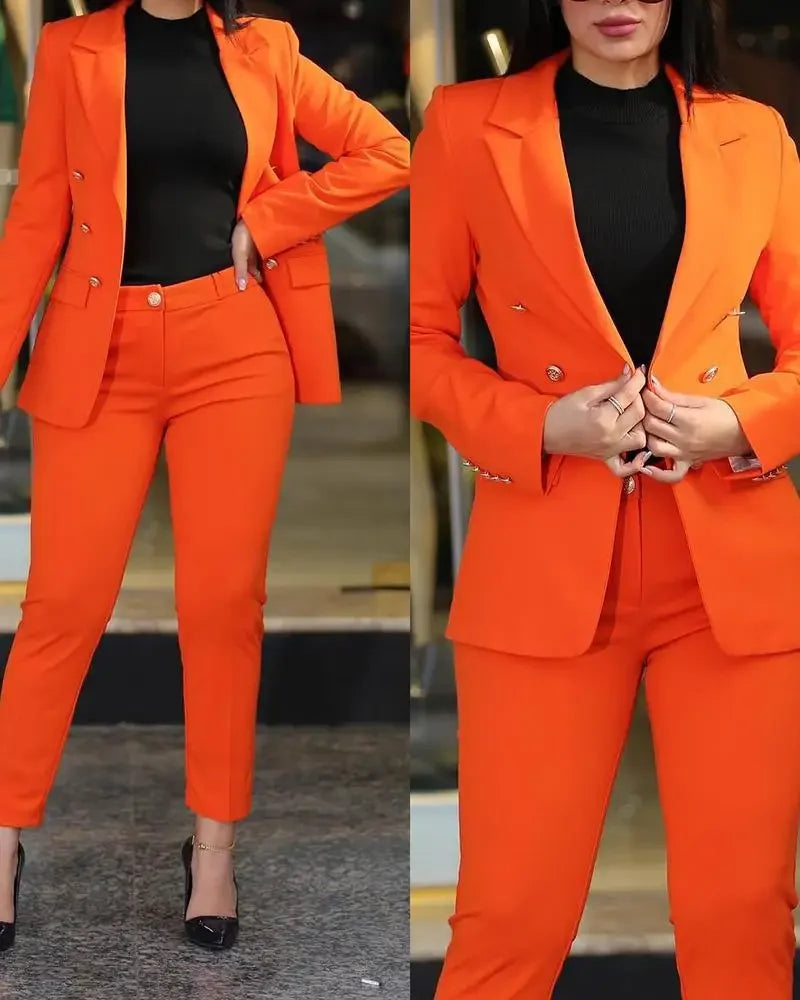 New 2023 Formal Office Pant Sets Women 2PCS Double Breasted Solid Blazers Jacket and Pants Two Pieces Set Female Pant Suits Sets - Seprincess