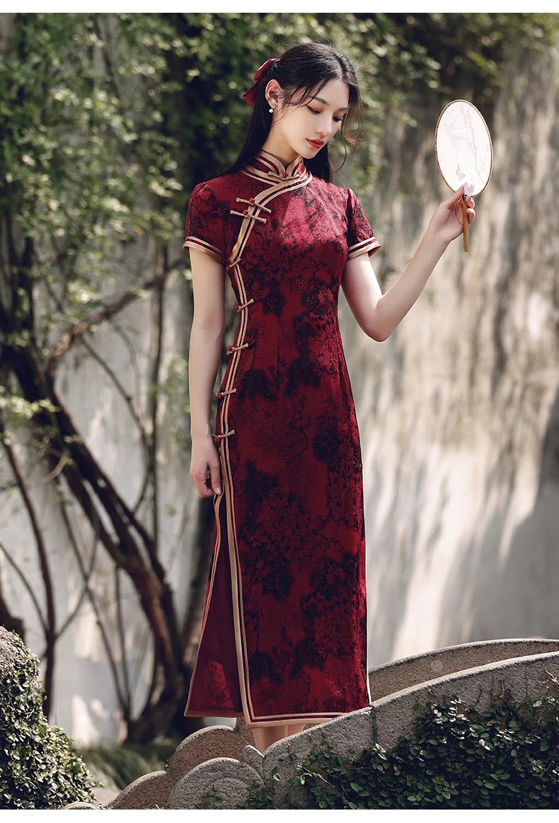 Wine Red Long Short Sleeves Cheongsam 2023 New Improved Young women Summer Silk and Satins Fashion One Piece Chinese Qipao Dress - Seprincess