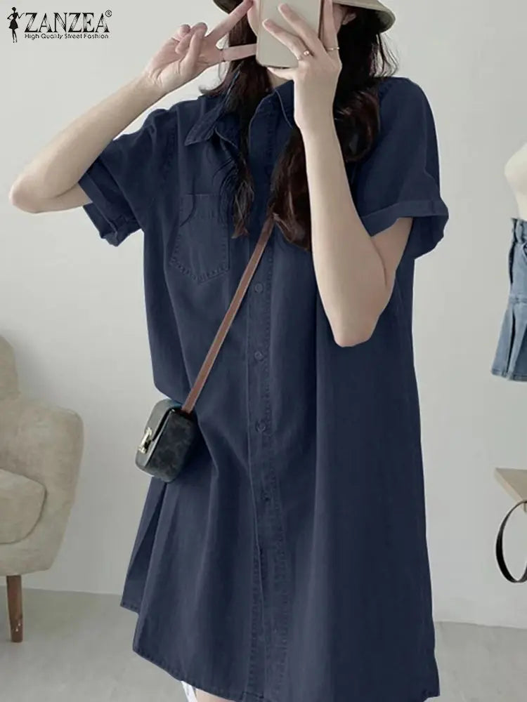 ZANZEA Summer Women Jeans Dress Vintage Short Sleeve Denim Sundress Causal Shirt Vestidos Retro Lapel Kaftan Loose Work Dresses - Seprincess