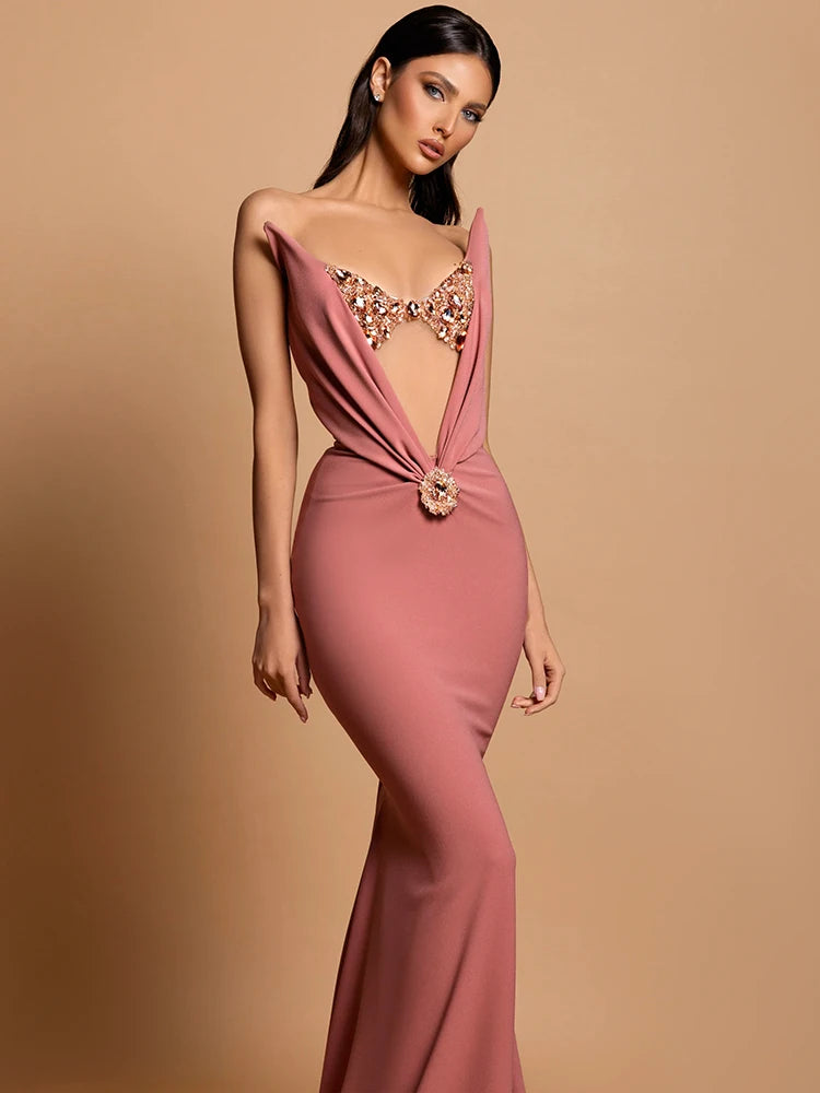 Sexy Strapless V Neck Hollow Out Rhinestone Maxi Dress Women Pink Velvet Sleeveelss Diamonds Slim Long Dresses Cocktail Party - Seprincess