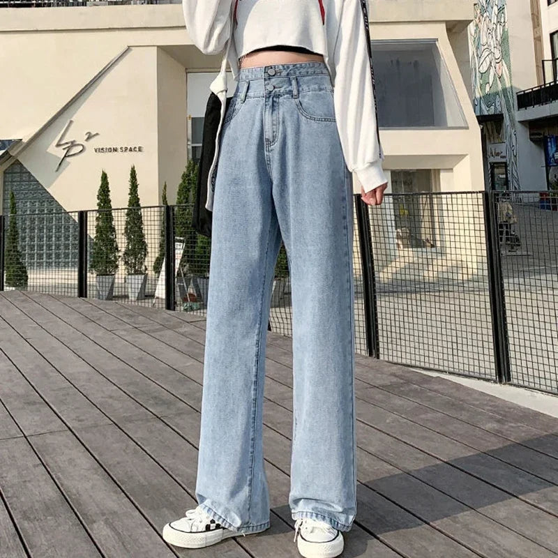 Woman High Waist Wide Leg Jeans Girls Fashion loose Straight Leg Pants Female Streetwear Light Blue Retro Blue Denim Trousers