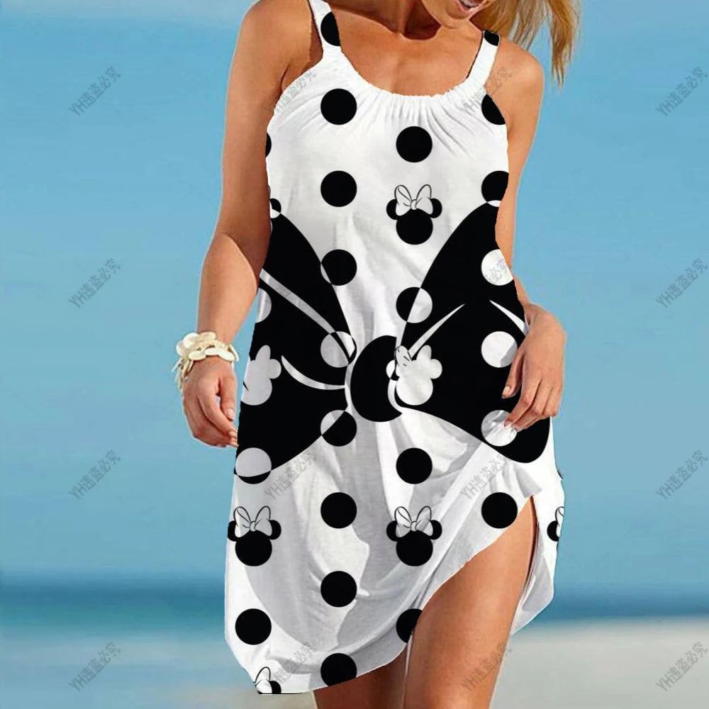 Disney Minnie Mickey Mouse Women Dresses 3D Dye Print Fashion Sleeveless Summer Halter Casual Sexy Dress Loose Kawaii Dress - Seprincess