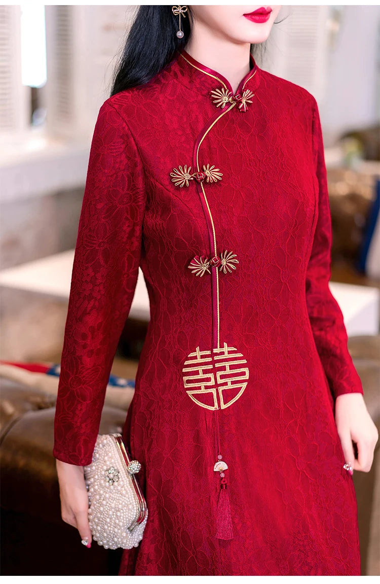 Retro Chinese Traditional Red Wedding Qipao Dress Modern Improved Long Sleeve Embroidered Cheongsam Plus Size Women Clothing CNY - Seprincess