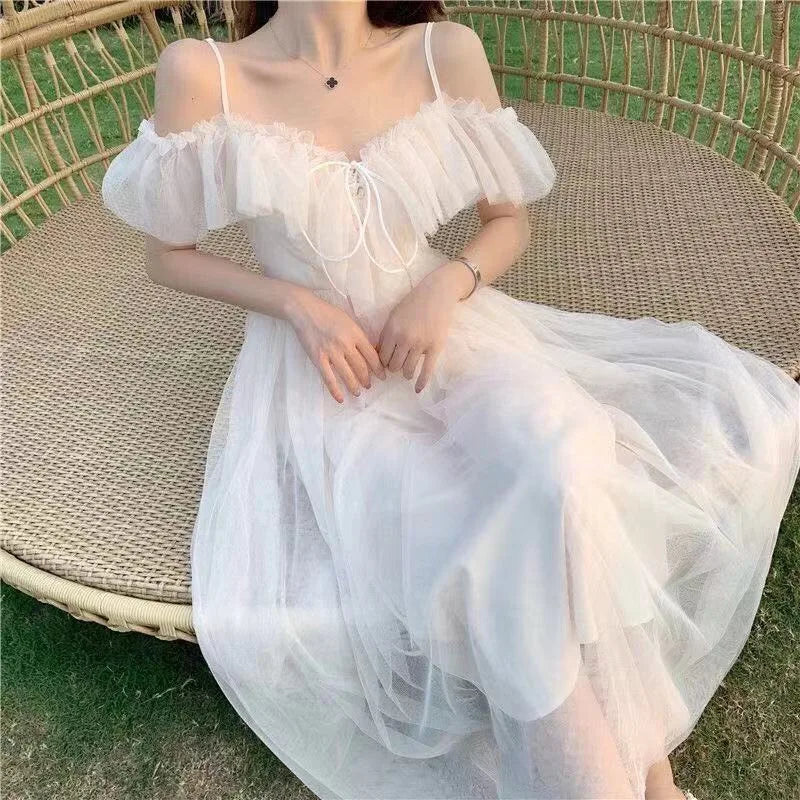 Women Sexy Mesh V Neck Lace Up Sweet Kawaii Japanese Fairy Party Elegant Dresses Summer Fashion Ruffle White Short Sleeve Dress - Seprincess