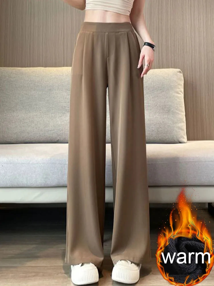 Women Formal Loose Thicken Straight Suit Pants Winter Warm Elastic High Waist Velvet Lined Wide Leg Pantalones Chic Solid Calca