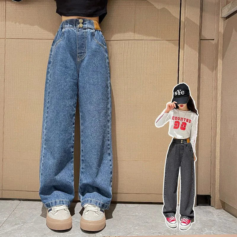 Girls Loose Jeans Pants Autumn Children Casual Straight Long Pants Teen School Big Kids Wide Leg Trousers 5-14 Years