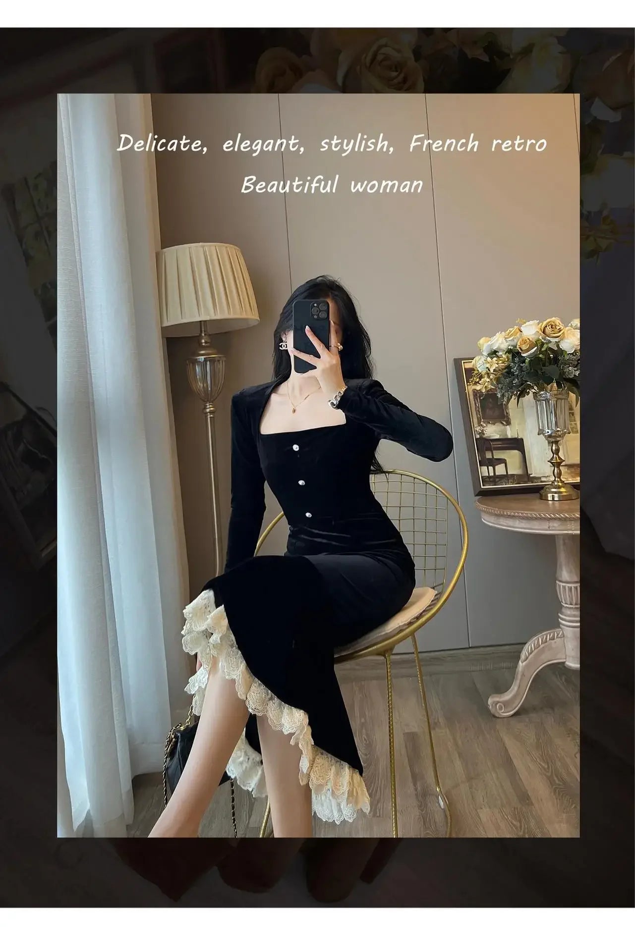 Elegant French Haban Style Fish Tail Skirt Spring Autumn Soft High Class Square Collar Long Sleeve Black Velvet Long Dress - Seprincess