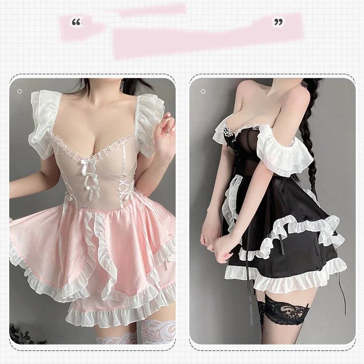 Erotic lingerie Maid's fluffy skirt with mesh transparent bow and lace Sexy women's costume 18 roles іgary Sex toys Sexy clothes - Seprincess