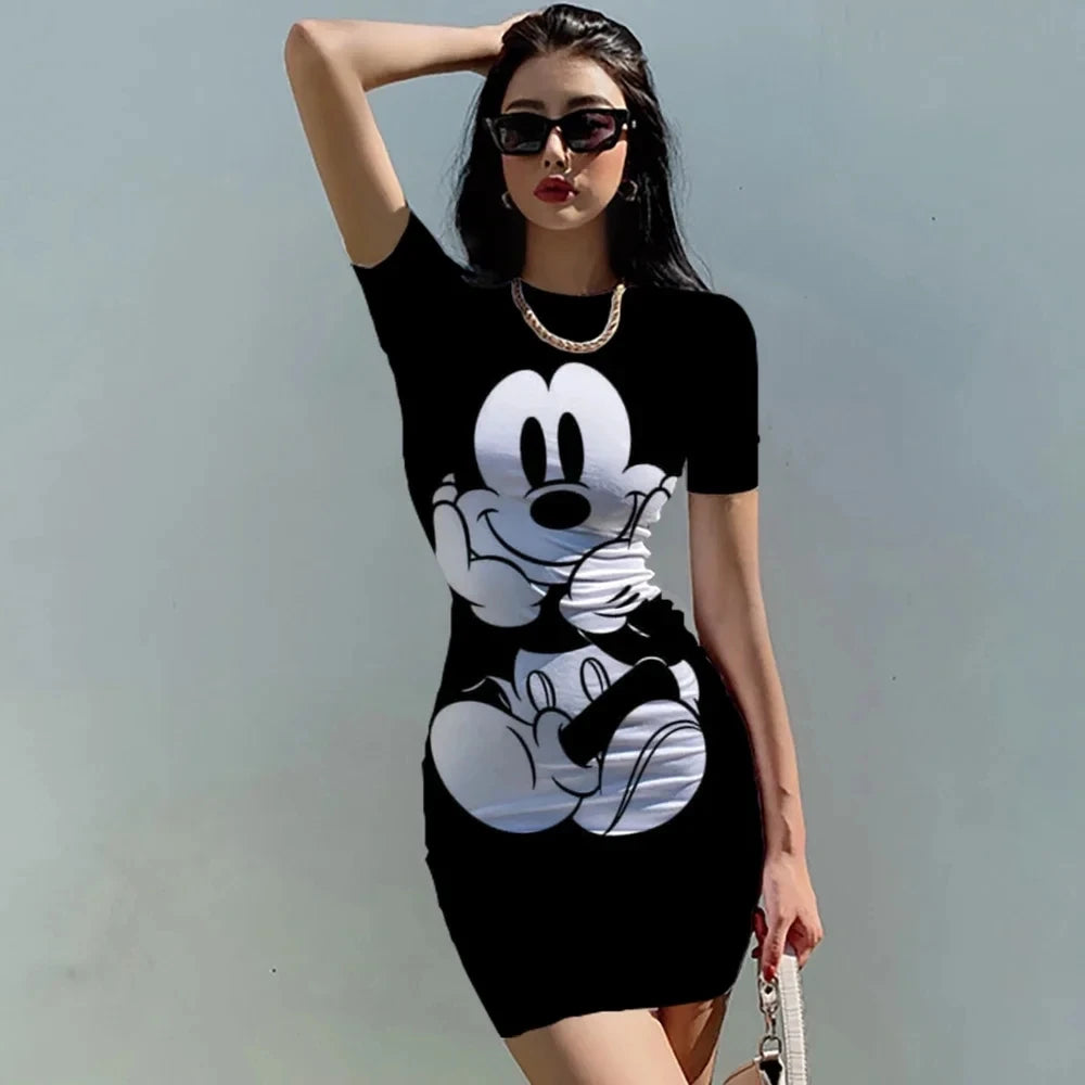 Women's Mickey Mouse print patchwork fashionable knee length O-neck dress, tight fitting summer sexy women's clothing - Seprincess