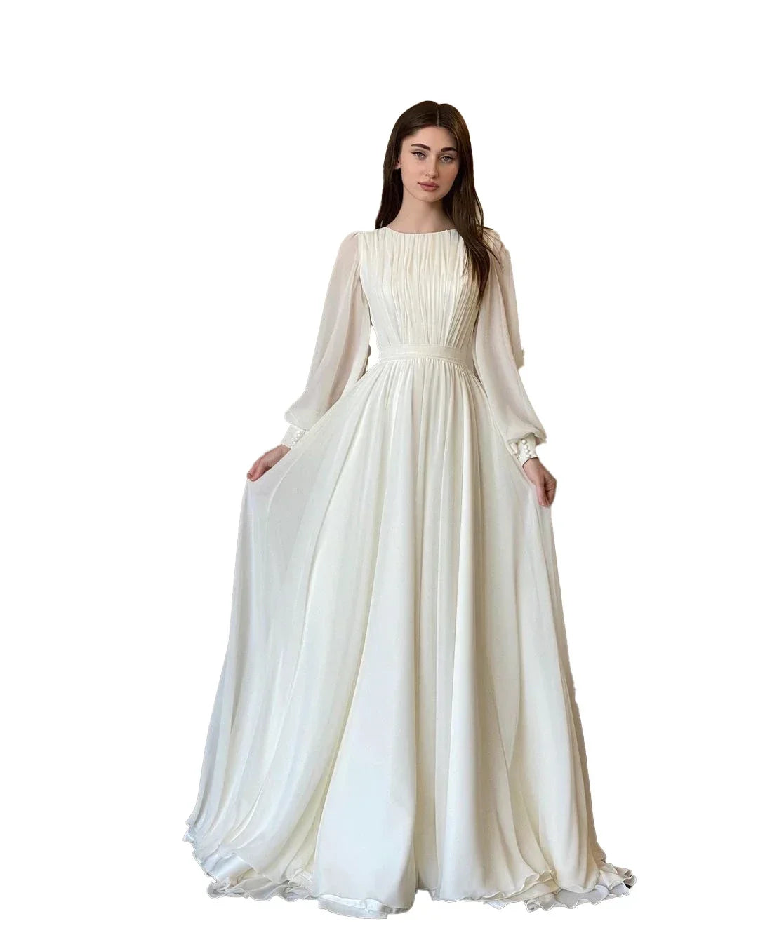 Fashion Elegant Lantern Sleeve O-Neck Sexy Large Swing Long Dress Lady Club Party Ball Gown White Pearl Yarn Wedding Dresses - Seprincess