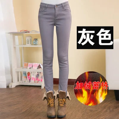 Korean Fashion Velvet Stretch Skinny Pant Women Mid Waist Warm Vaqueros Office Fleece Trousers Candy Colors Thick Winter Jeans