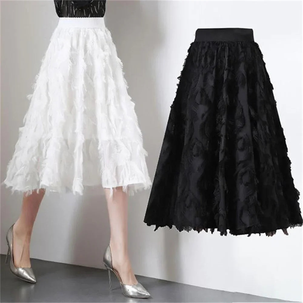 2024 Spring Fashion Elegant Party Black White Casual Midi Skirts Women Tassel Elastic High Waist Sweet A Line Skirt Female - Seprincess