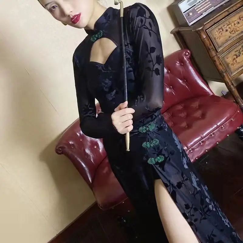 Black Chinese Elegant Dress for Women Vintage Mandarin Collar Female Sexy High Split Long Sleeve Slim Qipao Classic Cheongsam - Seprincess