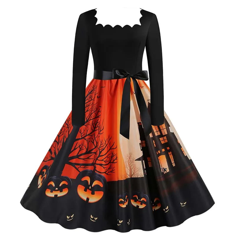 Halloween Dress For Women Square Collar Long Sleeve Print Vintage Evening Party Elegant 50s 60s Robe Midi Sundress - Seprincess