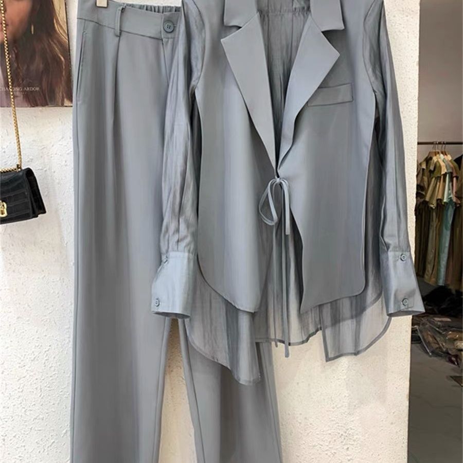 Summer New Hollow Sun Protection Chiffon Shirt Blazer Wide Leg Pants Two Piece Set Elegant Women's Pants Set Office Outfits - Seprincess