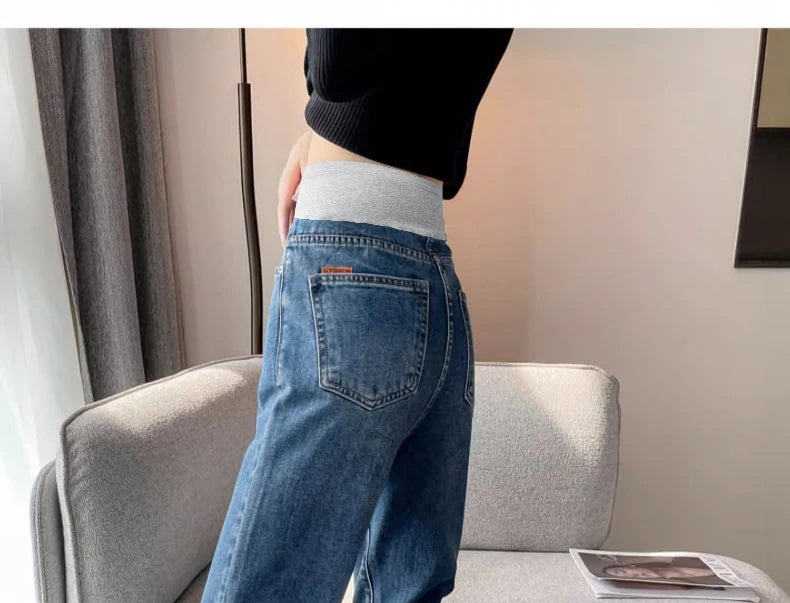 Autumn and Winter Pregnant Women's Belly Pants Fashion Loose Straight Leg Korean Style High Waist Maternity Jeans Denim Trousers