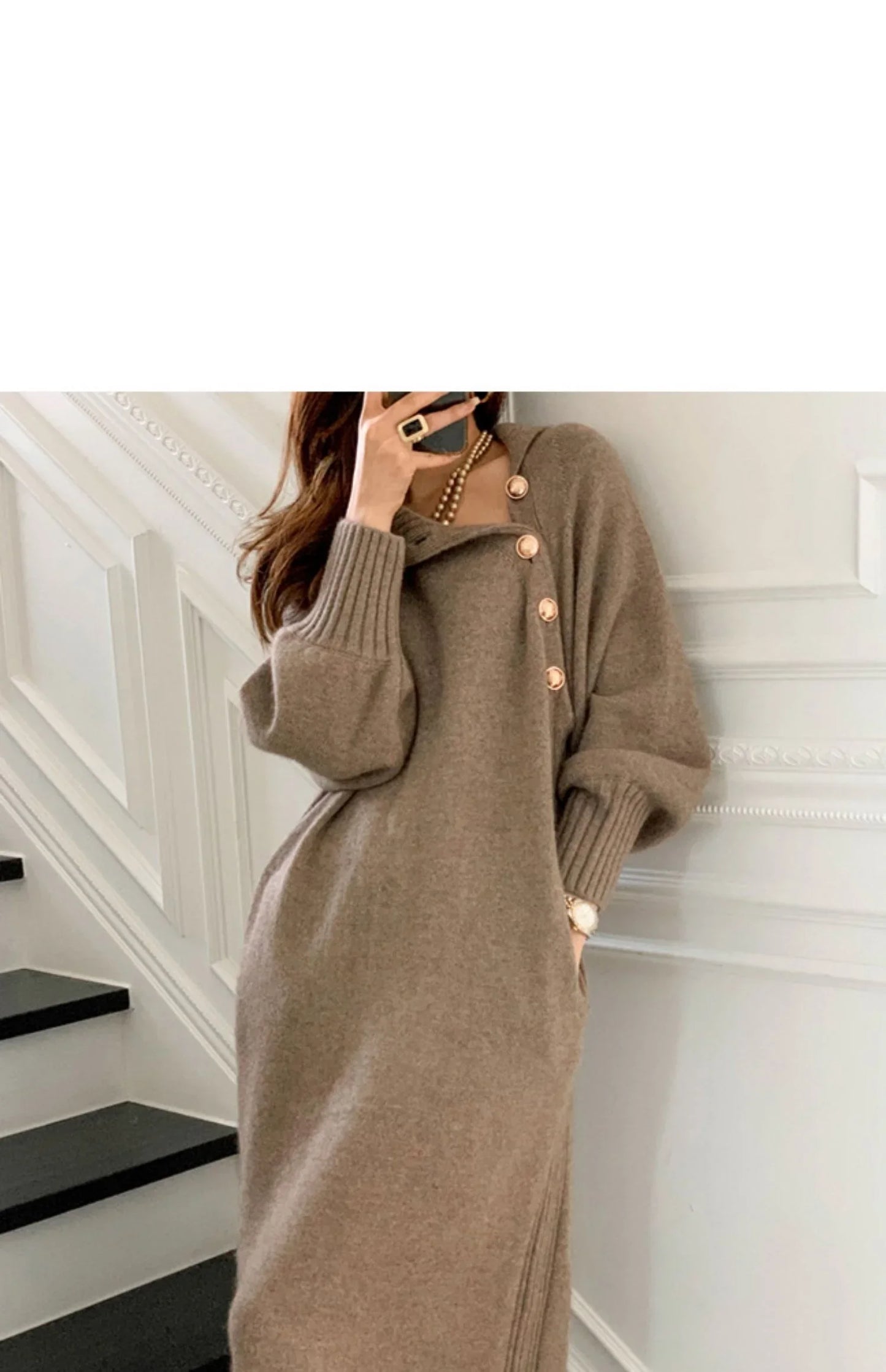 Winter Turtleneck Buttons Women Knitted Dress Elegant Full Sleeve Lace-up Female Thicken Long Dress for Sweater Autumn New