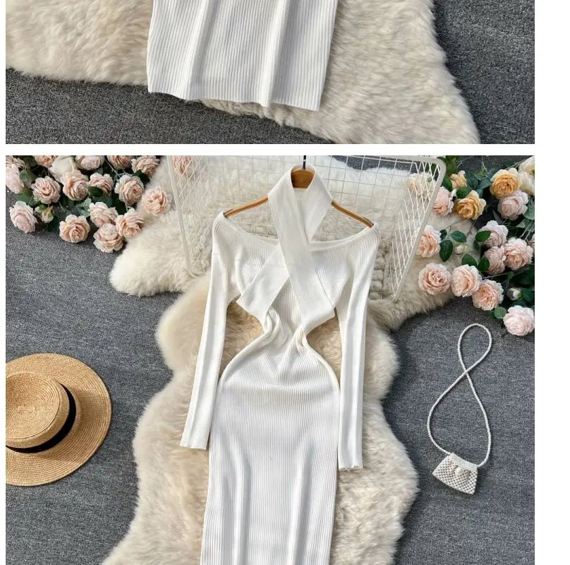 Autumn Winter Women Long Dress Elegant Halter Slim Waist Knitted Bodycon Dress Korean Office Lady Sweater Dresses Vestidos - Seprincess