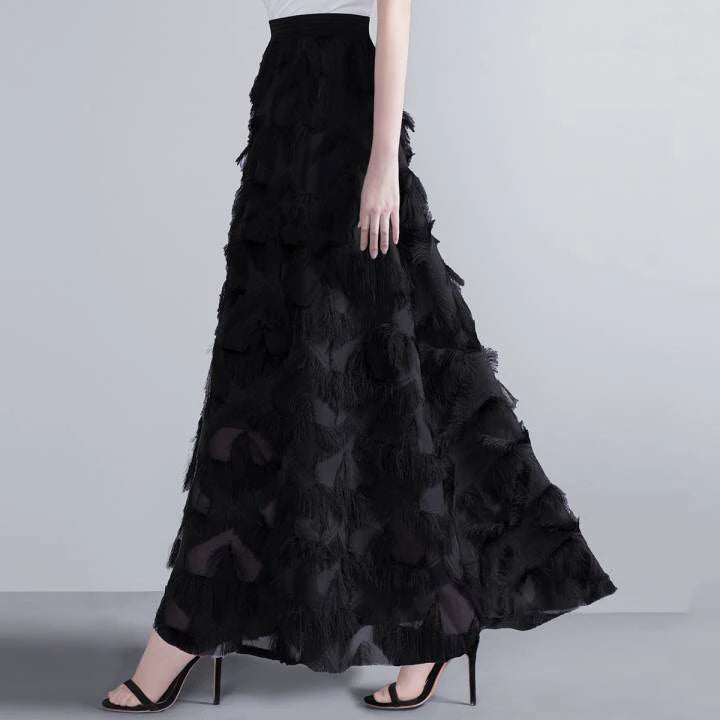 Spring Summer and Autumn New Chiffon High Waisted and Versatile A-line Skirt With Fluffy Tassels Ladies and Girls Black - Seprincess