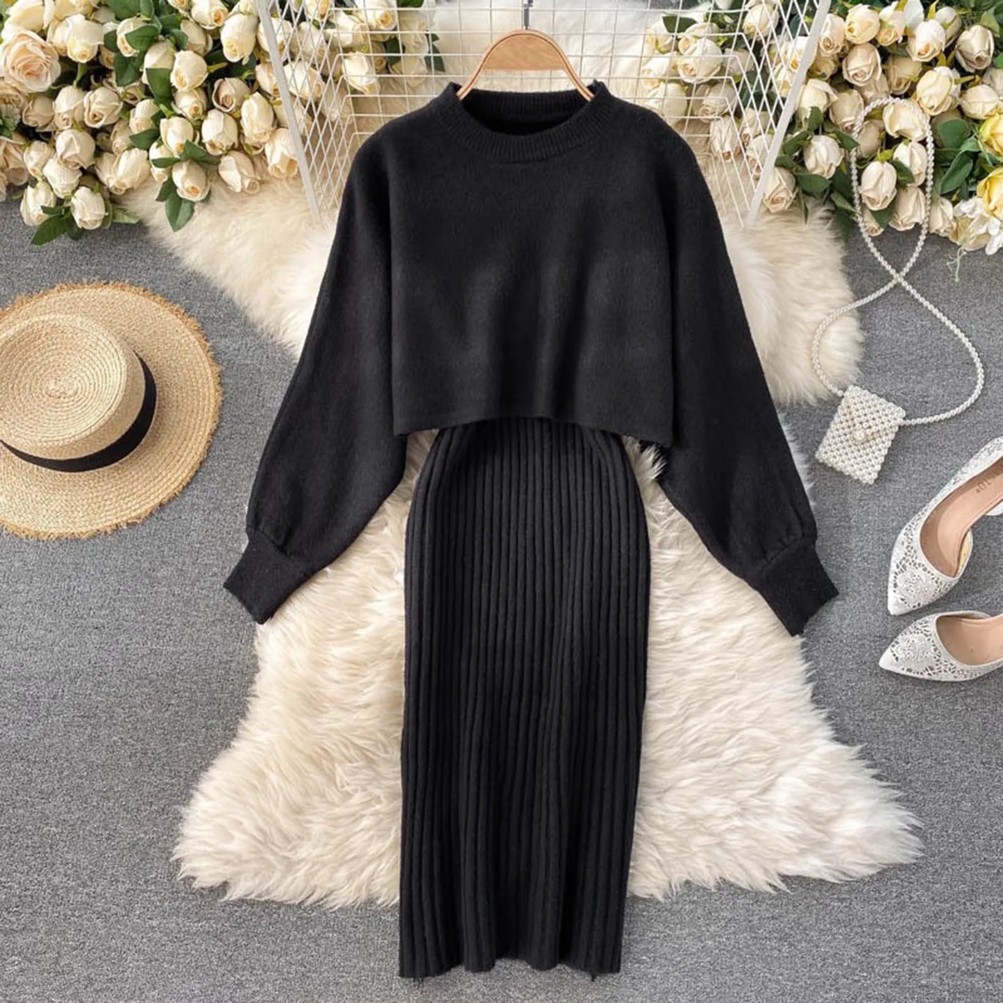 Women Autumn Winter Long Sleeve Knitted Solid Slim Elegance Tops Elastic Lazy Solid Color Knitted Dress Two Piece Dresses - Seprincess