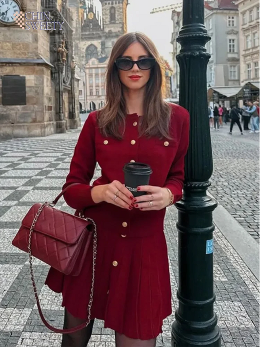 Chic Burgundy Pearl Buckle Women Mini Skirts Set Elegant Long Sleeve Knitted Cardigan Suits 2024 Female Commuting Street Outfits - Seprincess