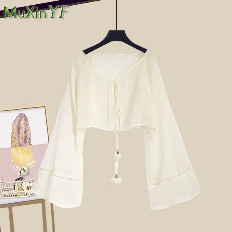 Women's 2024 Summer New Dress Matching Set Korean Elegant Loose Sunscreen Shirt+Sling Skirt Two Piece Female Chic Clothing Suit - Seprincess